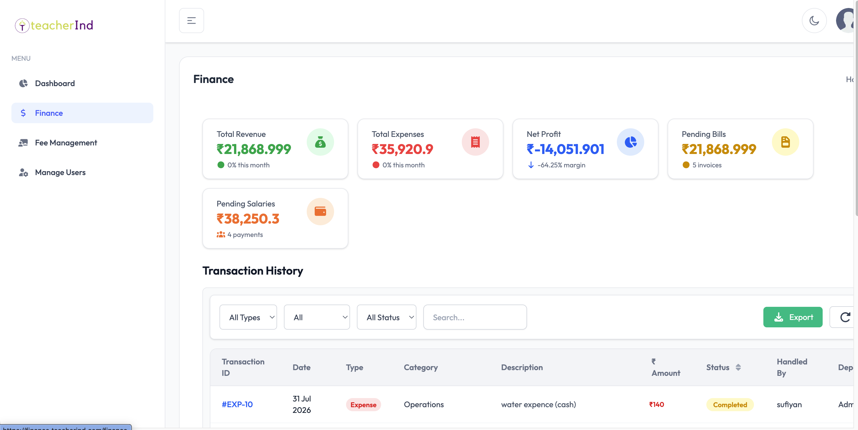 TeacherInd FinanceHub – Billing, Finance & Reporting Platform project view 3